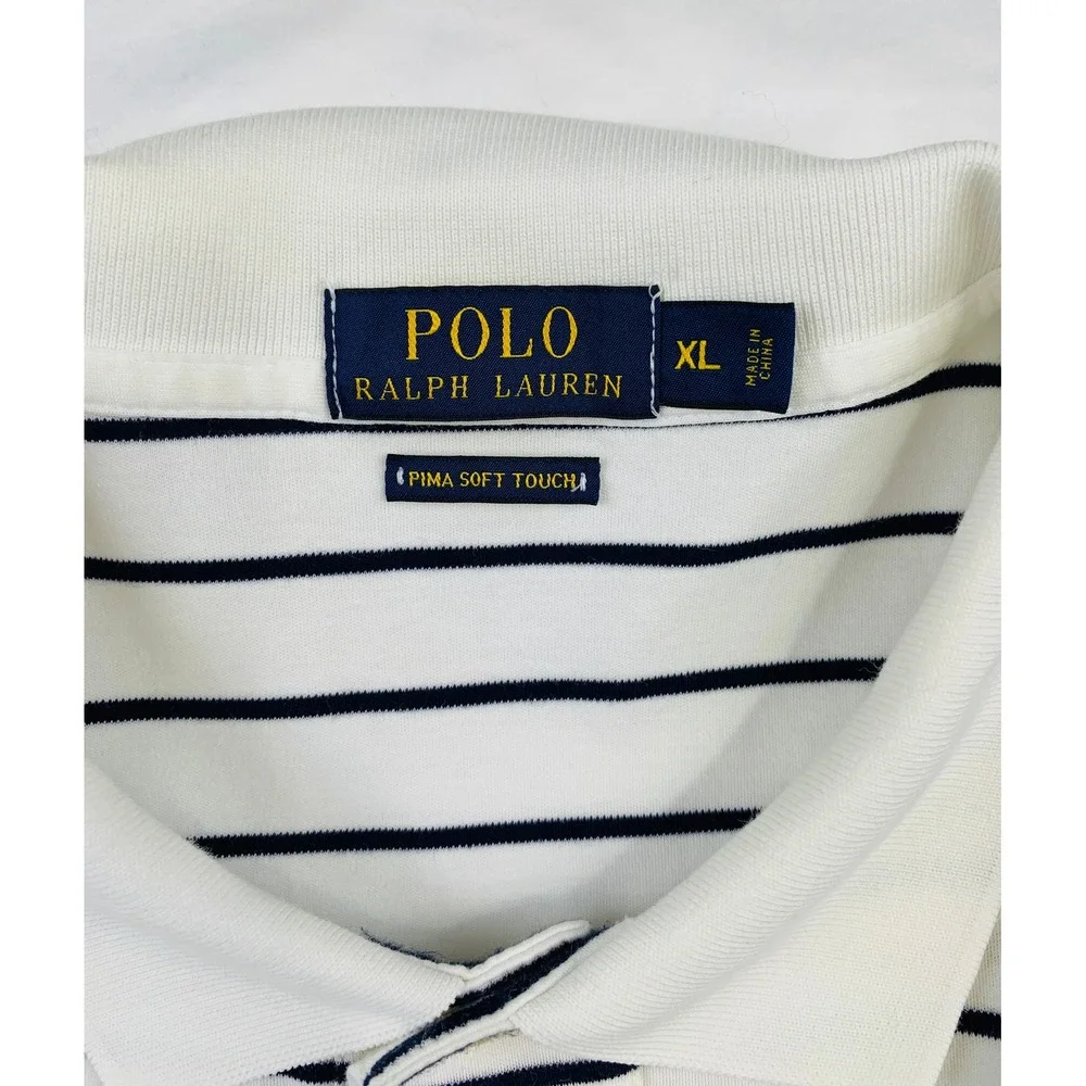 Polo Ralph Lauren XL Striped Pima Soft Touch Polo Shirt White Navy Flesh Pony